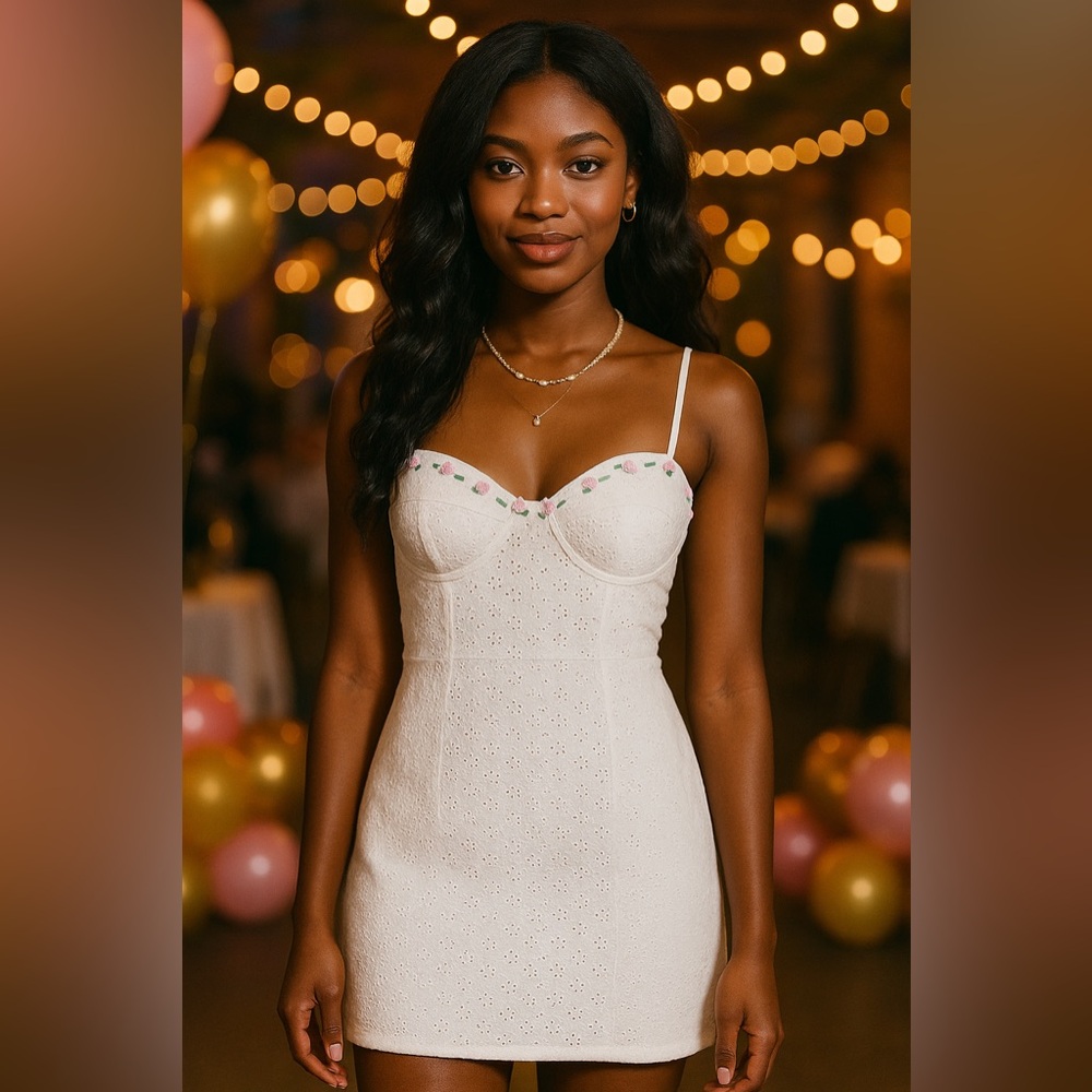 Stella Carlsbad White Eyelet Rosette Underwire Mini Dress Romantic NWT S #1567